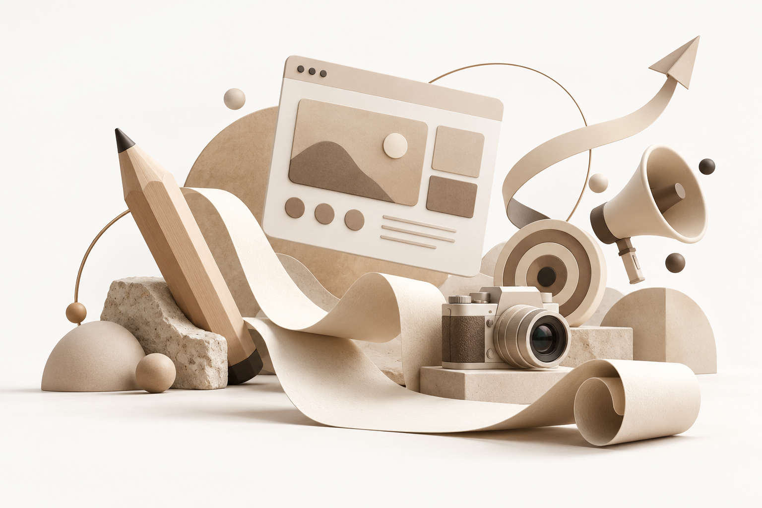 A sculptural creative studio with a camera, pencil, megaphone and digital ideas in ivory and beige